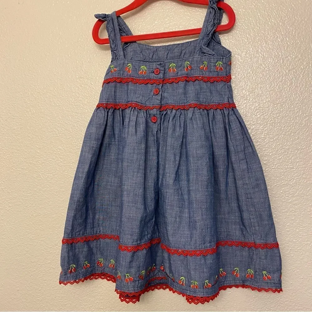 Gymboree Embroidered Chambray Cherry denim ruffle Americana 4th of July Dress 3T